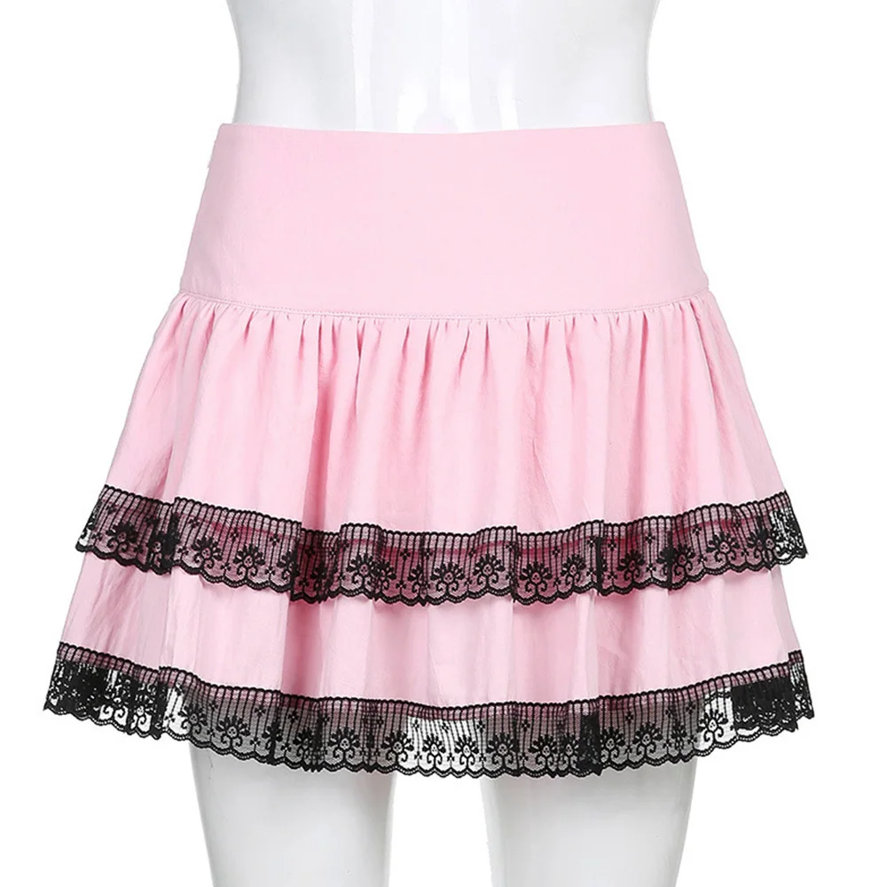 

Missnight Pink Mini Skirt Pleasted Skirt Double Layer Lace Patchwork Gothic Skirt Elastic High Waist Goth Punk Streetwear 2021