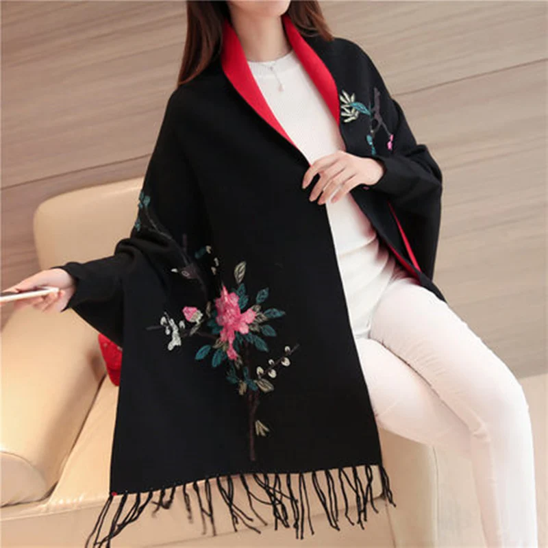 Женский длинный кардиган с вышивкой облегающий тонкий свитер рукавами летучая