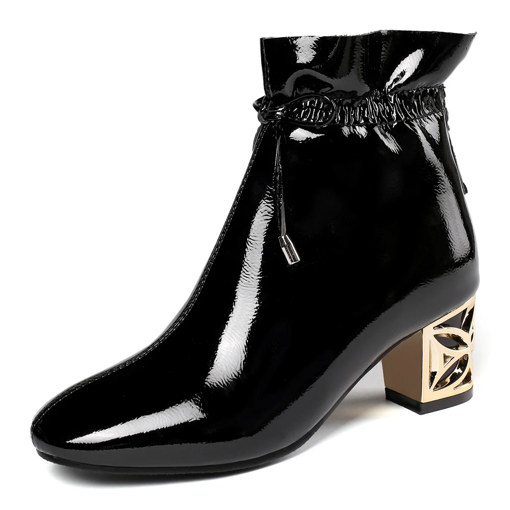 

Желтые золотые металлические полые ботильоны из лакированной кожи толстые ботинки с белым бантом зимние женские ботинки