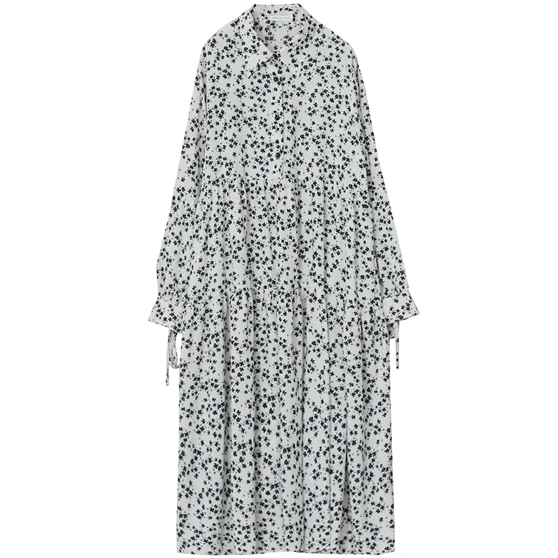 

IEQJ Women Dress New Lapel Collar Long Sleeve Loose Oversize Panelled Print Floral Fashion Pleated Hem Summer 2021 8P788