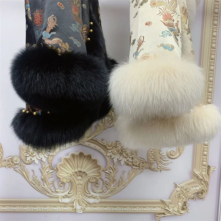 

fox fur coat natural 2021Court style Exquisite embroidery plus cotton cape coat real fox fur trim