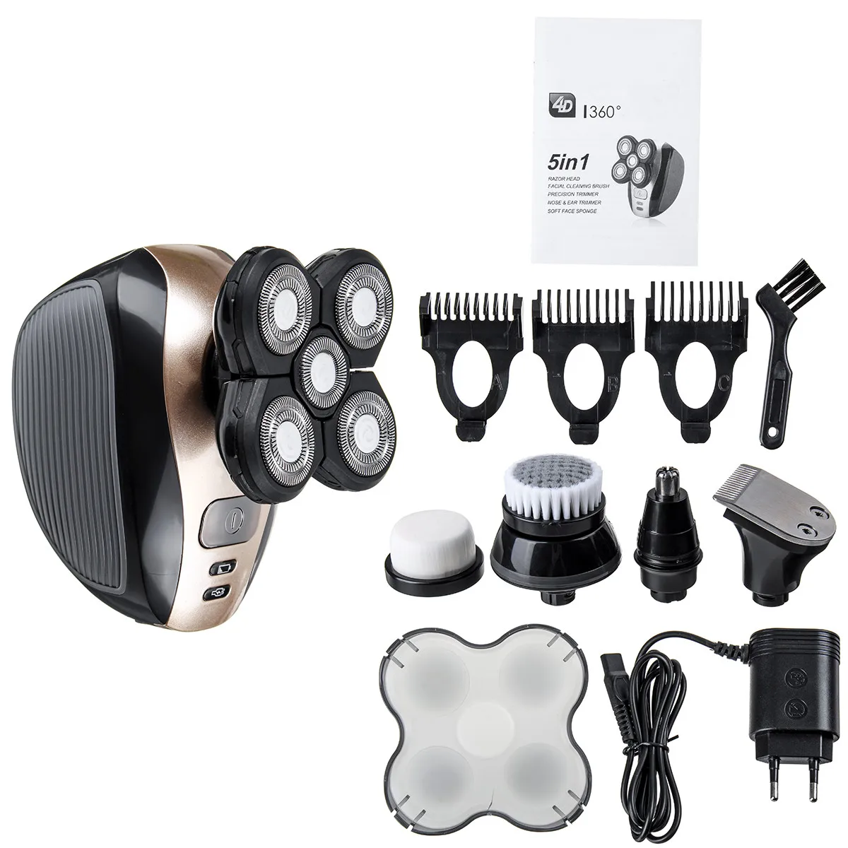 

5 In 1 4D Mens Rechargeable Bald Head Electric Shaver 5 Floating Heads Beard Nose Ear Hair Trimmer Razor Clipper Facial Brush