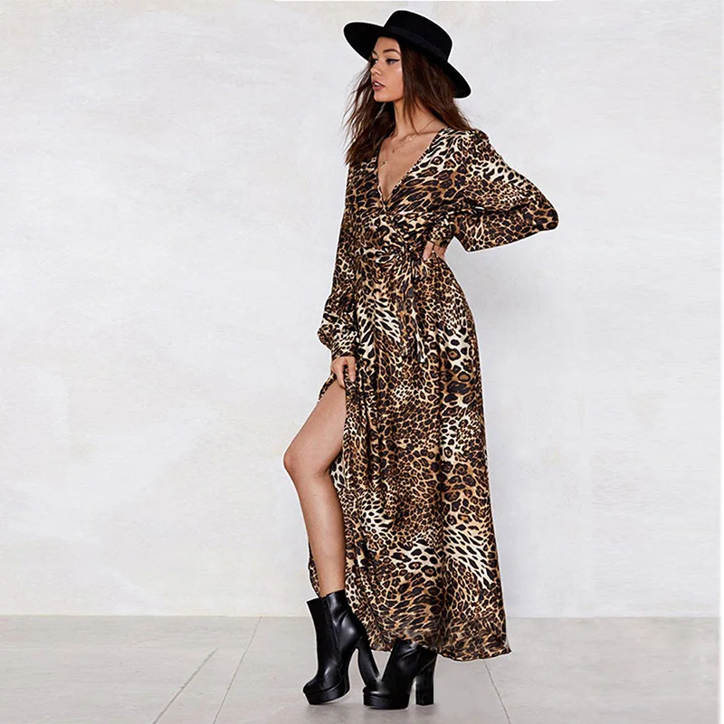 

Leopard Print Long Sleeve Deep V-neck Lace-up Long Large Hem Cardigan Dress 2021 Spring