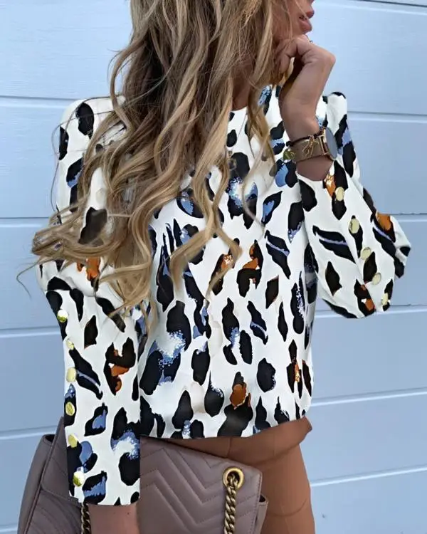 

2021 Fashion Work Wear Women Blouses Long Sleeve Back Metal Buttons Shirt Casual O Neck Printed Plus Size Tops Fall Blouse