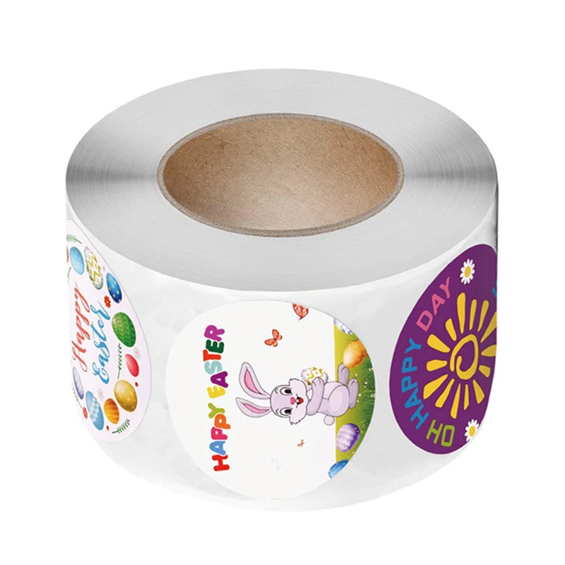 

500pcs/roll Round Rabbit Happy Easter Stickers Easter Decor