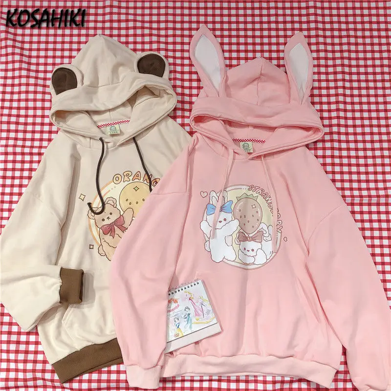 

Женские худи koshiki Kawaii с японским мультяшным принтом кролик медведь Топ с капюшоном 2021 Harajuku Толстовка для девочек милый Графический худи
