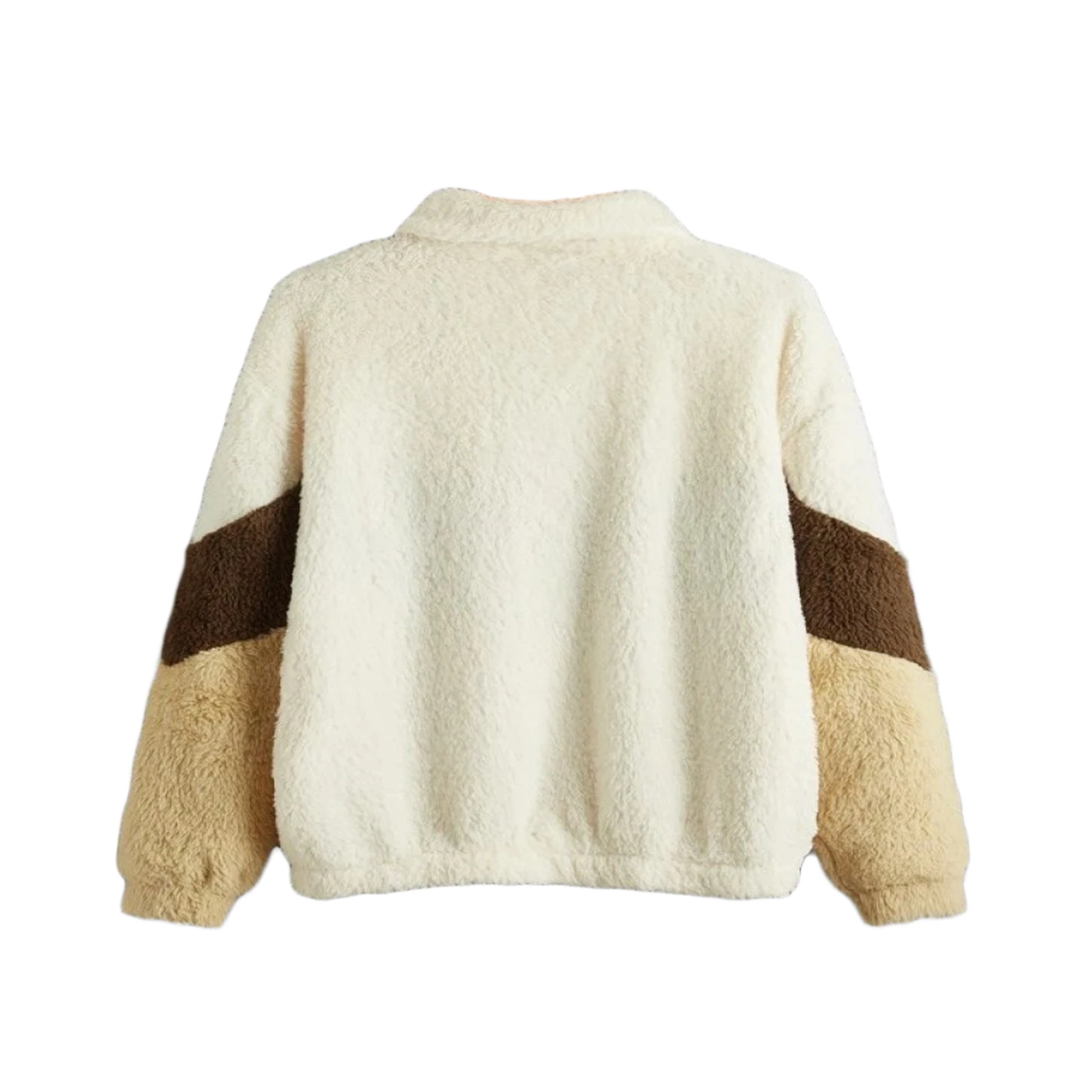 

Autumn and Winter Women's Fleece Coat Lapel Long Sleeve Jacket Stylish Color Block Plush Loose Sweaters Outwear
