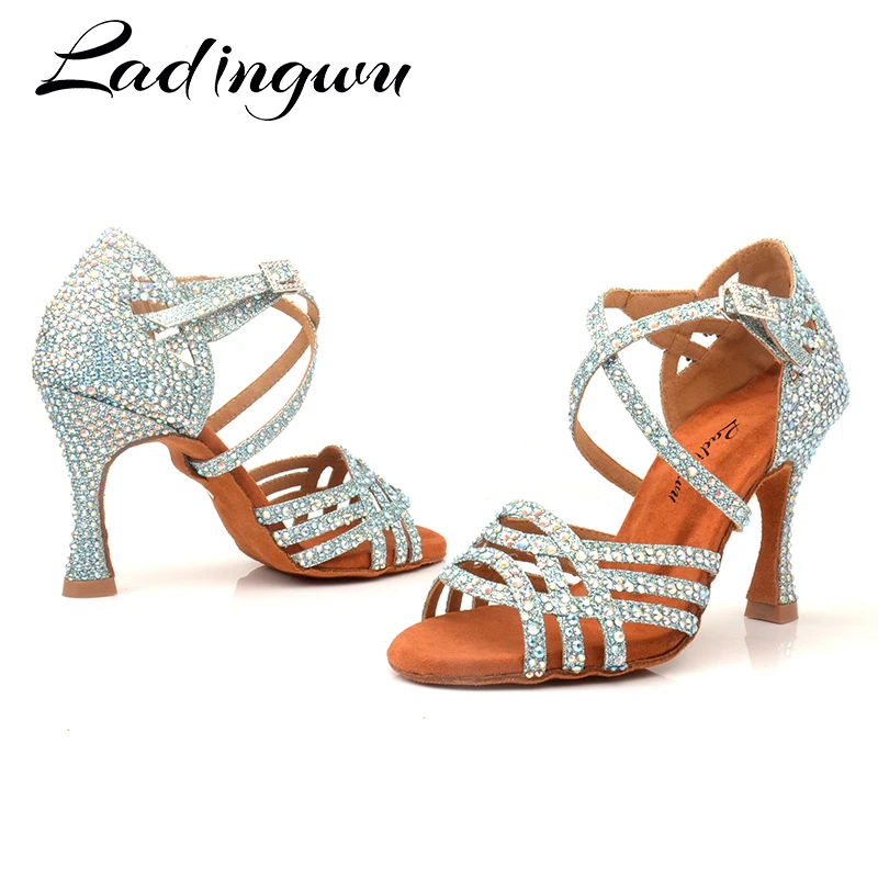 Ladingwu Rhinestone Latin Salsa Performance Dance Shoes Dancing Shoes Ballroom Dance Shoes Women Light Blue Glitter Cloth Dance