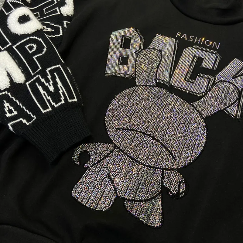 

Women Black Diamond Sweatshirt,thicken Turtleneck Collar Knitting Long Sleeve Hoodies Pullovers