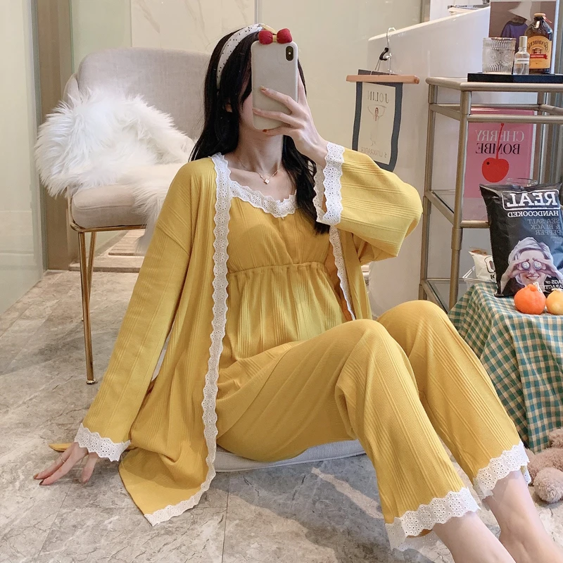 

3PCS Lace Patchwork Cotton Maternity Nursing Sleepwear Set Spring Pajamas Suits Clothes for Pregnant Women Pregnancy Home Lounge