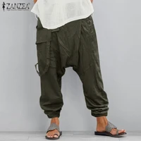 womens drop crotch pants 2021 zanzea causal trousers overalls button elastic waist pantalon female palazzo turnip oversized