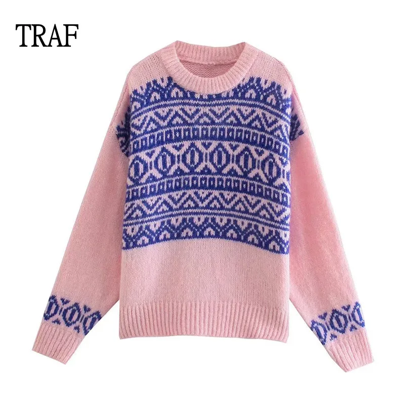 

TRAF Women Knitted Sweater Women Oversized Pullovers Women Autumn Winter Pink Jacquard Long Sleeve Loose Sweaters Streetwear