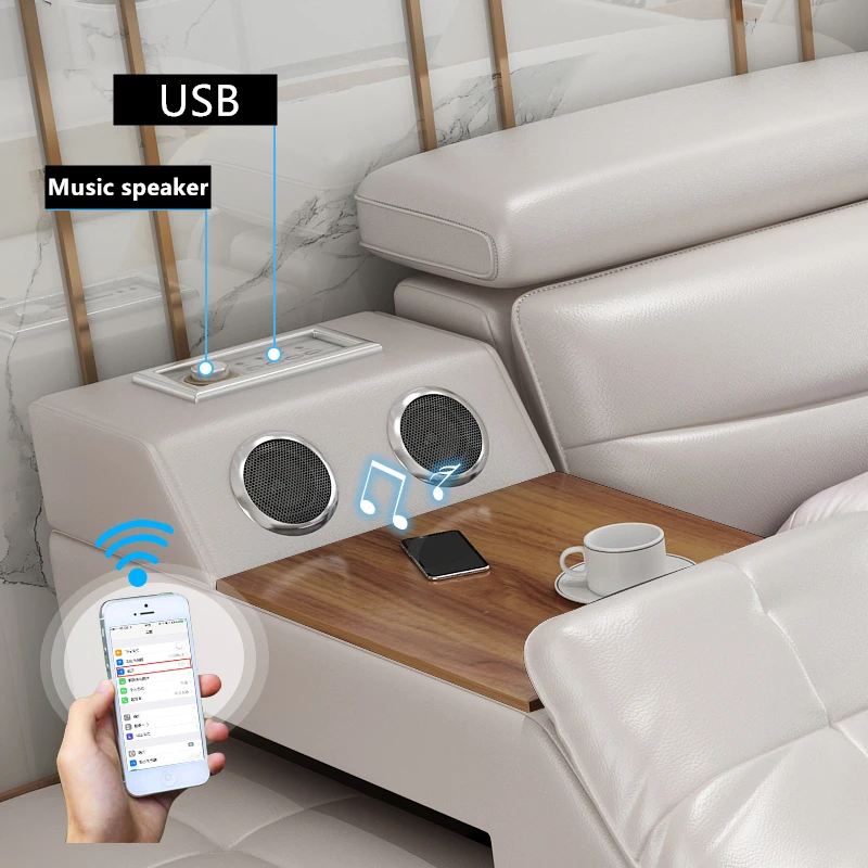 Black leather bed modern style bedroom sets with massage and speaker | Мебель