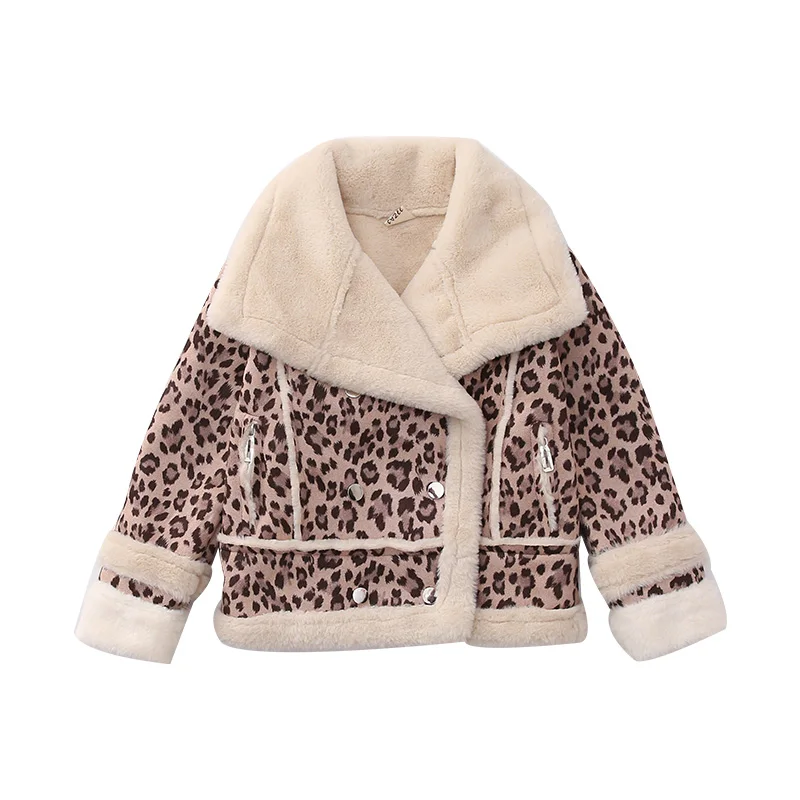 

HOT Girls' Winter Jacket Thickened Winter Parka 4-13 Years Leopard Print Fur in one Baby Corduroy Large Lapel Cotton Jacket
