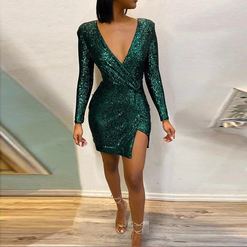 Новый дизайн сексуальное платье с v образным вырезом и блестками длинным рукавом