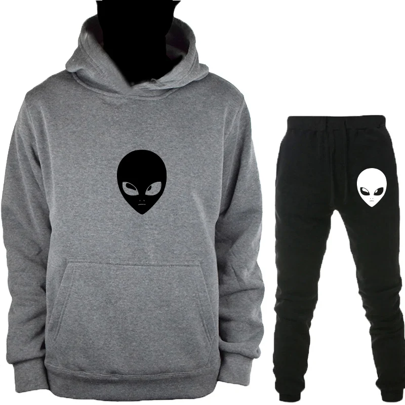 Gray-H-HeiK Alien толстовка с капюшоном+ брюки костюм для мужчин женщин осень зима пуловер Толстовка Топы с принтом по всему миру спортивный костюм повседневная одежда - Цвет: Gray-H-HeiK