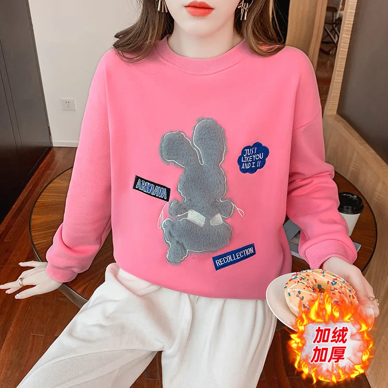 Winter Warm Fleece Rabbit Letter Embroidery Velvet Sweatshirt Fashion Casual O-Neck Loose Pullover Tops Baseball Uniform
