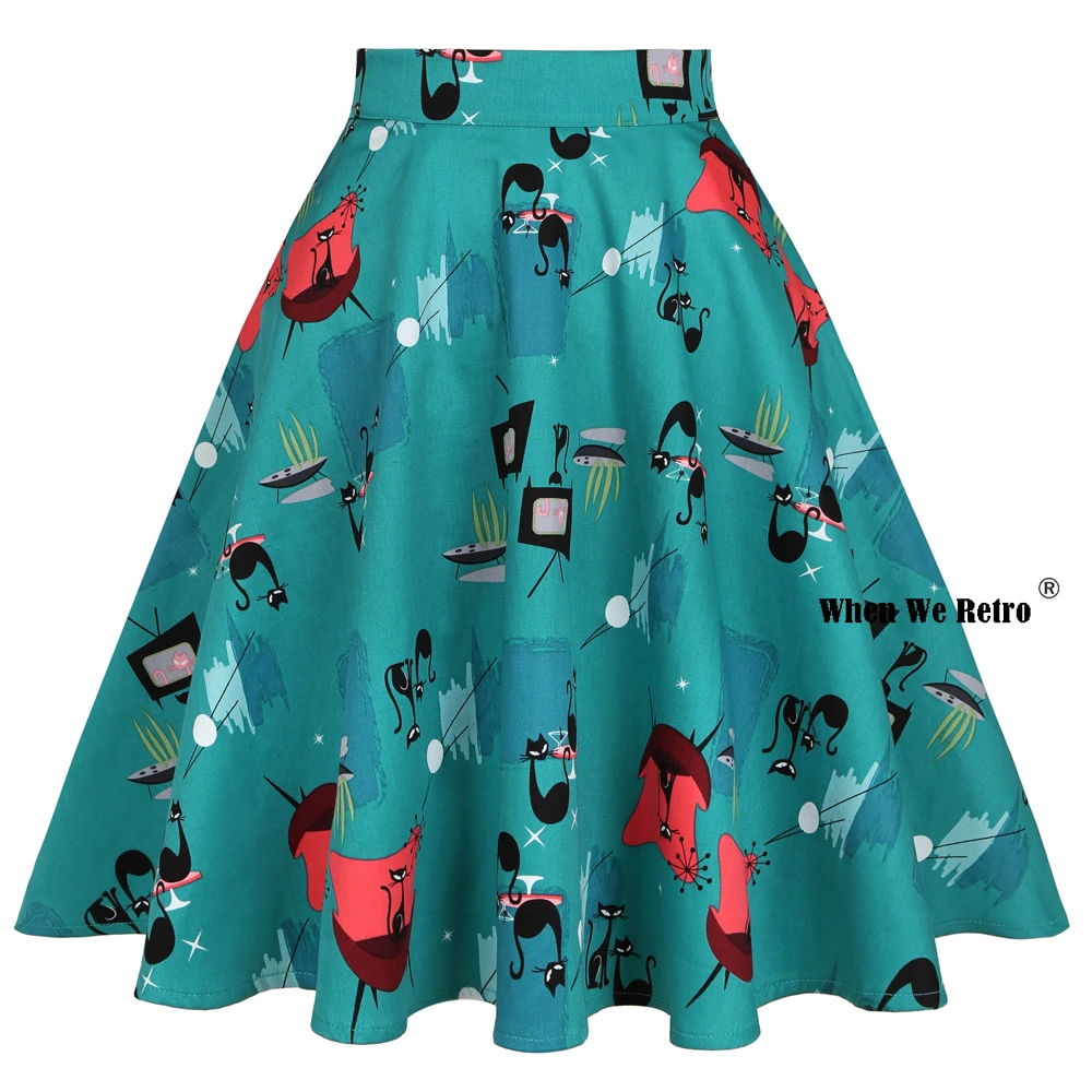 

Women Animal Cats Print Cotton Skirt VD0020 Blue Green High Waist A Line Swing Vintage Retro Punk Goth Skirt