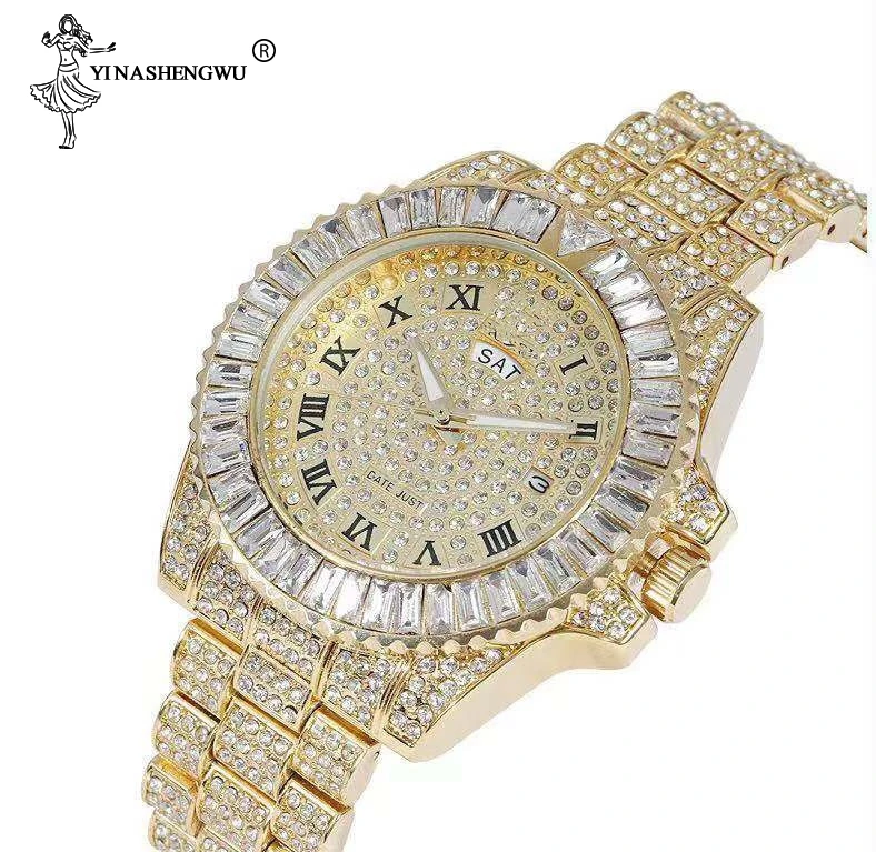 Men's Watches Men Bling Iced Out CZ Shining Watch Hip Hop Luxury Brand Man 18K Gold Waterproof Quartz Wristwatch New | Наручные часы