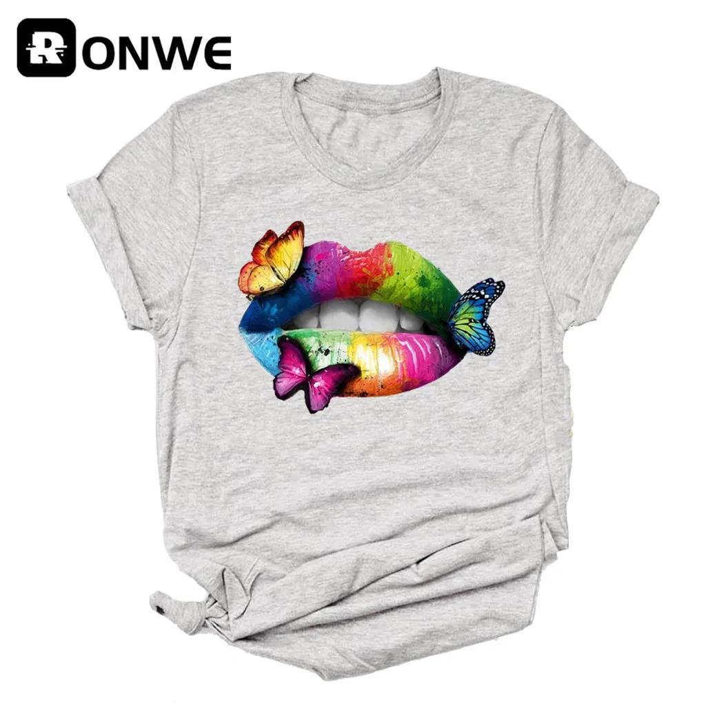 Черная футболка с коротким рукавом и принтом радужных губ бабочек винтажный топ
