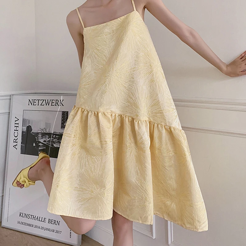 

LANMREM casual women yellow jacquard suspender dress high waist thin A-line fit fashion tide summer 2021 New Arrivals
