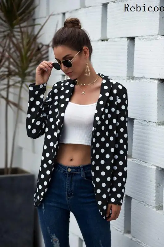 Женский Повседневный пиджак в горошек черный офисный с рукавами складку деловая