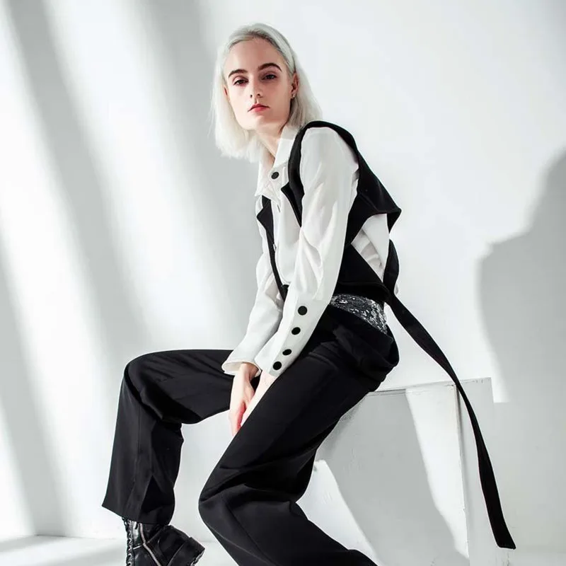 [EAM] 2021 Новинка весна осень отворот длинный рукав черный жилет стежка лента Свободная рубашка из двух частей