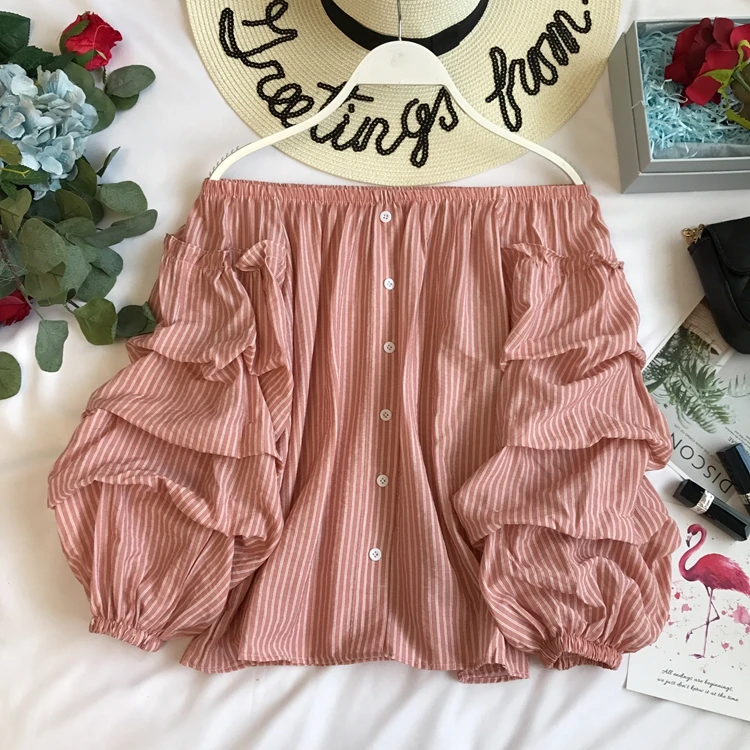 Женская хлопковая модная блузка в полоску с пышными рукавами повседневная