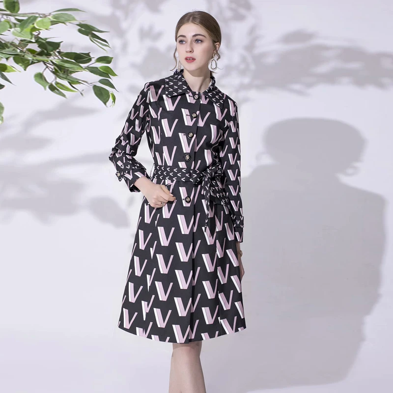 Windbreaker High Quality Autumn Winter New Women'S Fashion Party Office Vintage Elegant Letter Print Long Sleeve Midi Jacket
