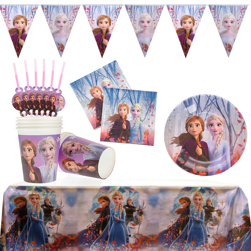 

Frozen 2 Disney Anna and Elsa Birthday Event Party Decoration Cups Plates Tablecloth Baby Shower Disposable Tableware Supplies
