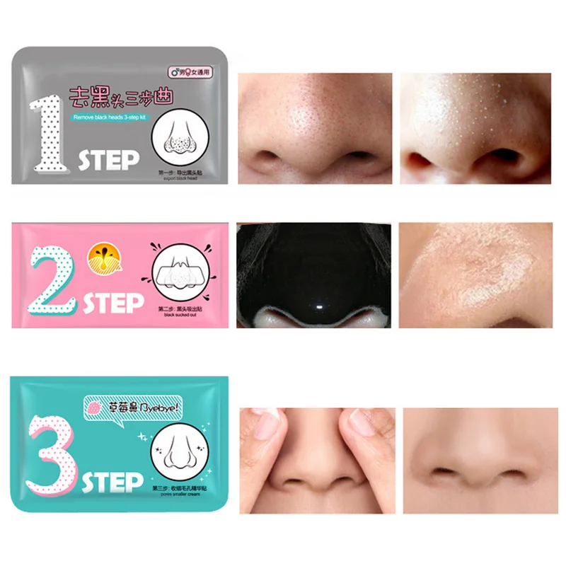 Удаление черных точек Глубокая очистка термоусадочные поры акне для носа 3 шага