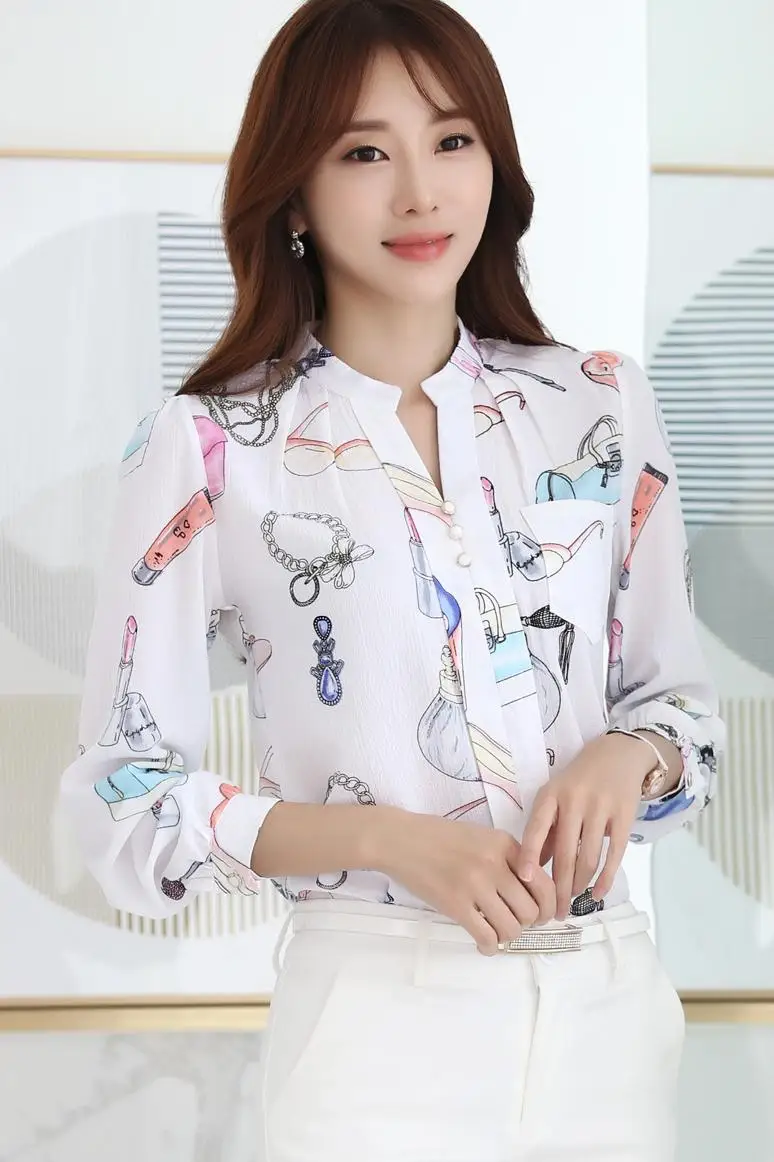 

Houthion Chiffon Slim Women's Blouses Fashion Long Sleeve Top New Casual Blouse Stand-up Collar Printing Pullover Spring/autumn