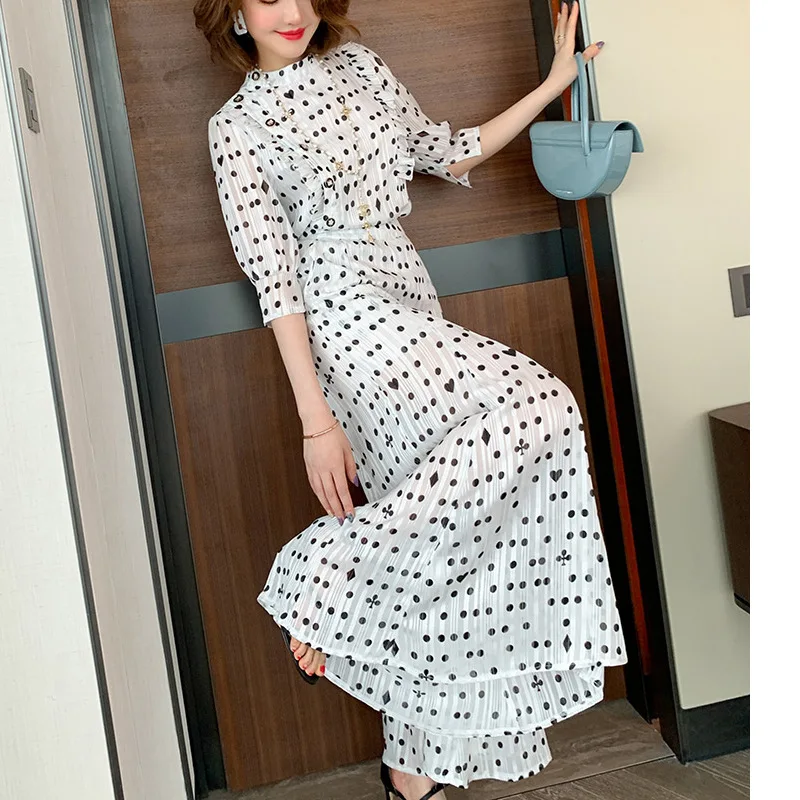 

Женский костюм с брюками в горошек, шифоновая рубашка с круглым вырезом и оборками + праздничные плиссированные брюки длиной с широкими шта...