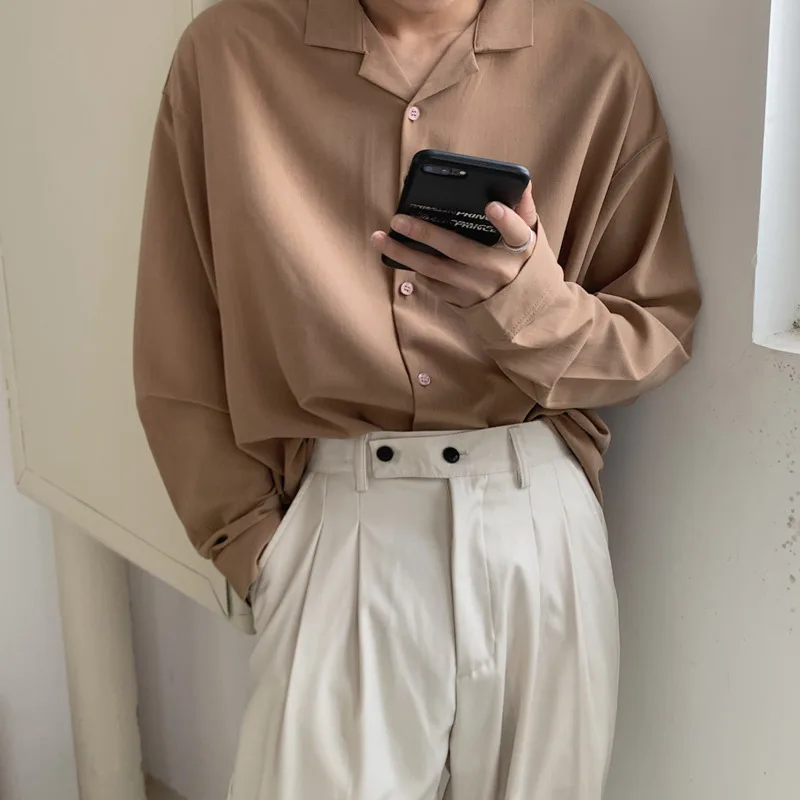 

Men's shirt 2021 spring and summer new solid color suit collar loose long-sleeved shirt youth personality fashion men's clothing
