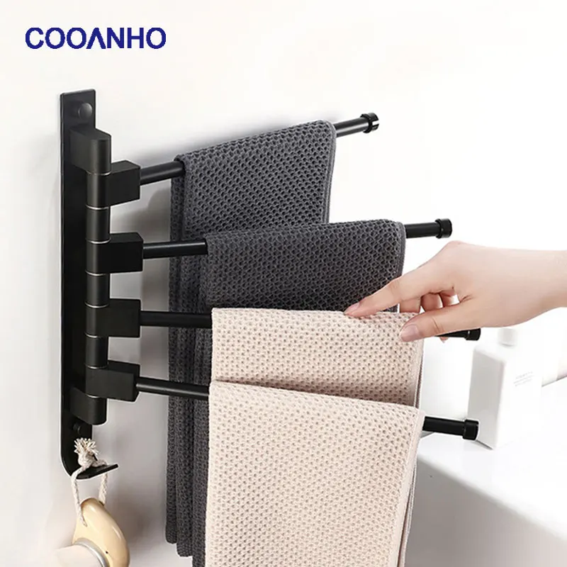 

COOANHO 2/3/4 Arms Bathroom Swivel Towel Bars Wall Mounted, Swing Hanger Towel Rack Holder with Hooks, Matte Black Finish