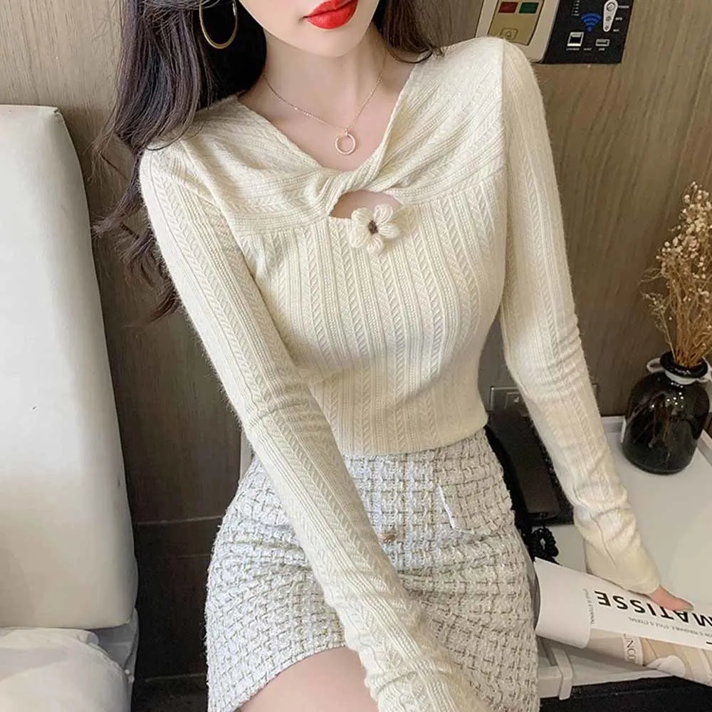 

2022 женская рубашка с длинным рукавом, однотонный модный вязаный свитер с вырезами, Универсальные женские топы, облегающие Топы для женщин