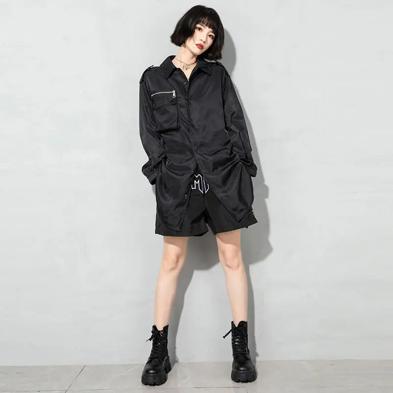 

XITAO Black Blouse Fashion New Women Irregular Single Breast Full Sleeve Pocket Goddess Fan Casual Style Loose Shirt LDD1150