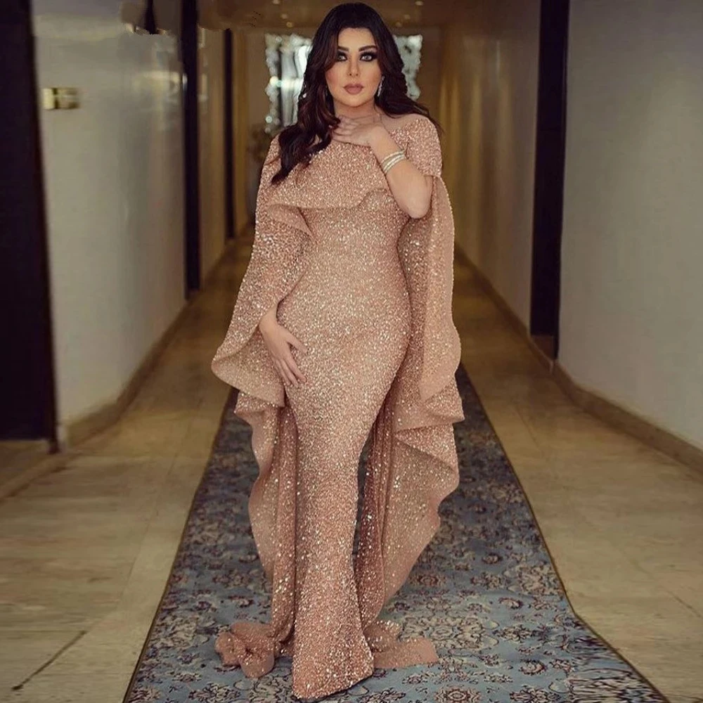 Фото Сверкающее блестящее платье с блестками длинное 2021 Русалка розовое золото Дубай