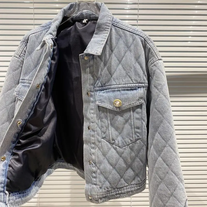 

2020 Streetwear 2 Piece Skirt Set Winter Fashion Diamond Buckle Diamond Shape Quilted Denim Jacket Double Pocket Hip Skirt