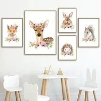 cartoon fox raccoon deer rabbit squirrel flower wall art canvas painting nordic posters and prints wall pictures kids room decor