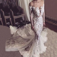 wholesale elegant lace mermaid long sleeves wedding dresses for bride sheer bateau neck bridal wedding gowns illusion back slim