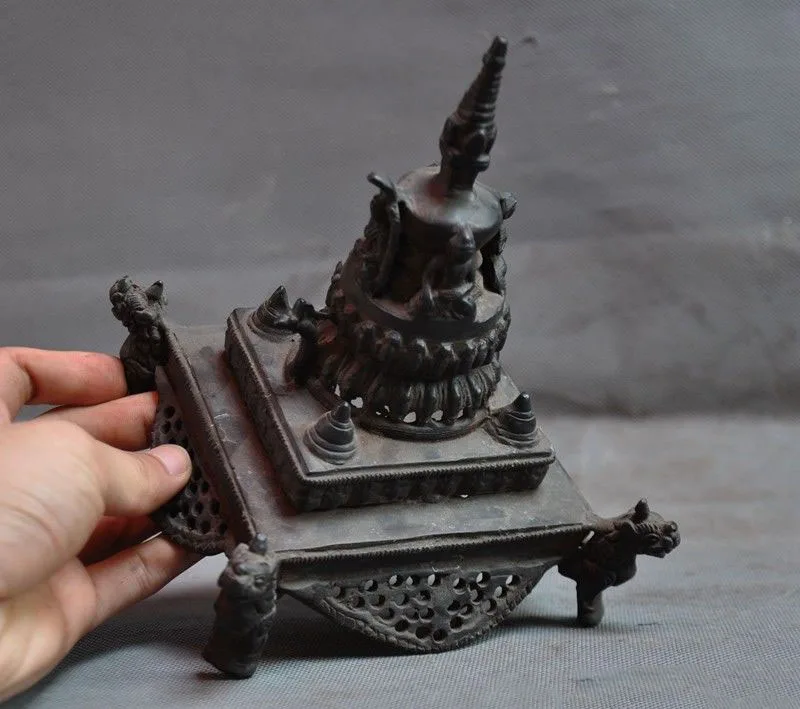 

6" Tibet bronze Bird beast Buddhism Shakyamuni Buddha Stupa Pagoda Tower Statue