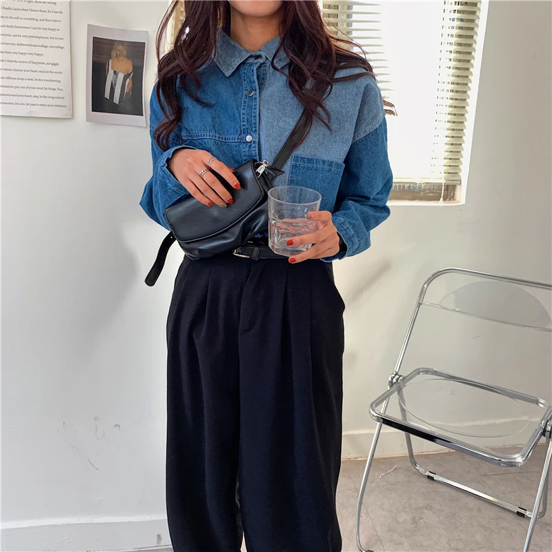 HziriP OL Style Elegant Women Denim Blouse 2020 New Long Sleeve Stitching Loose Jeans Shirt Vintage Office Ladies Tops Blusas |