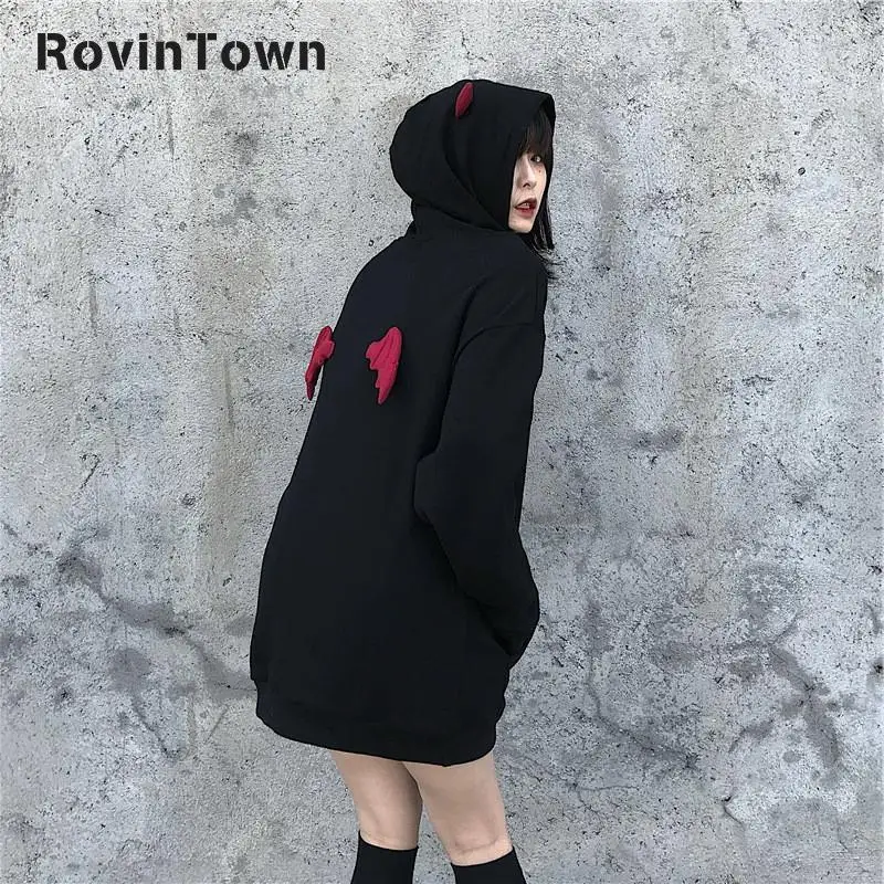 Женская толстовка с капюшоном Little Devil черная свободная Осенняя бархатная
