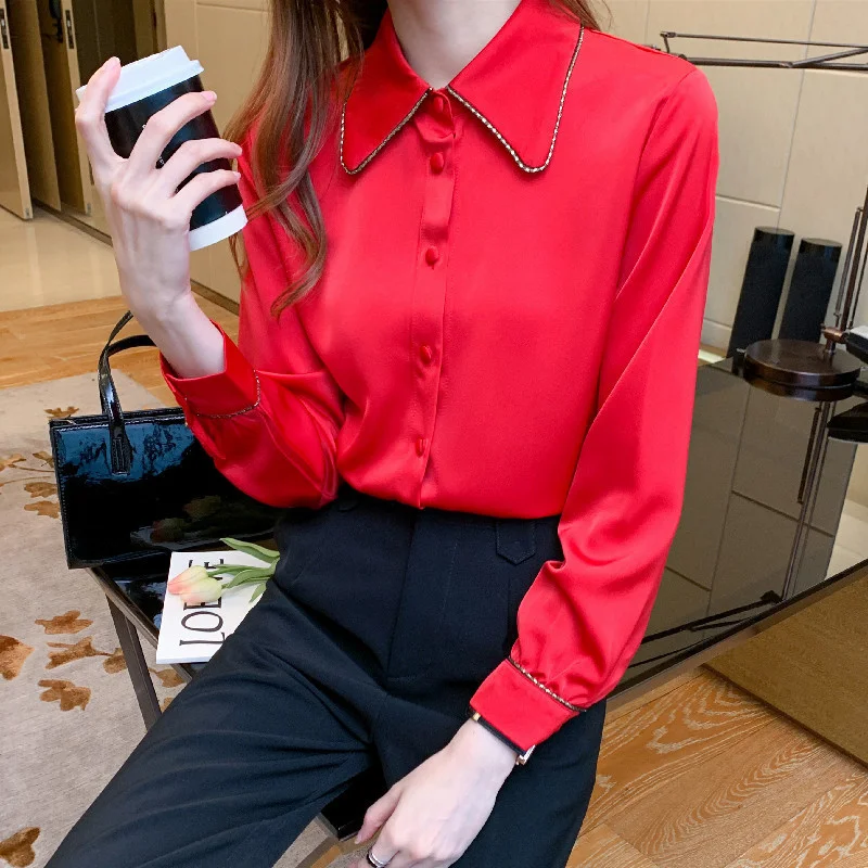 

2021 Autumn Red New Style Shirt Women's Design Sense Niche Fashion Chiffon Top Women's Long-Sleeved Shirt