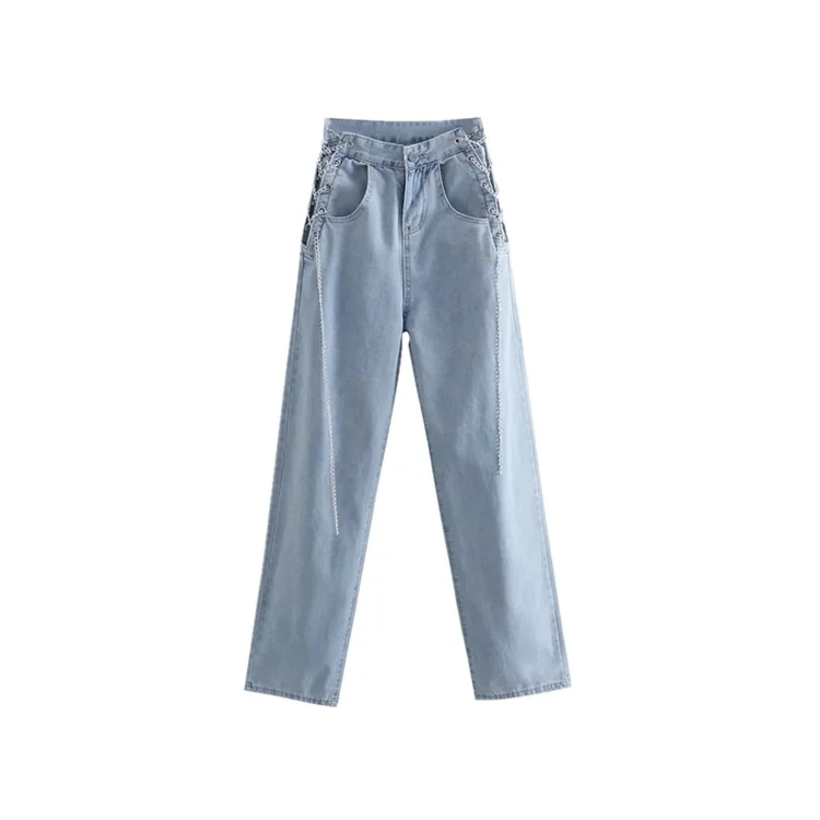 

Loose Wide Leg Floor Dragging Pants Women's Design Sense Two Sides of The Waist Chain Decoration Denim Straight Pants Dlzk702