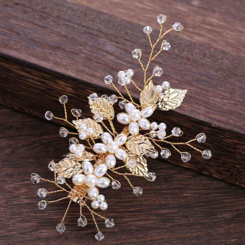 Заколка пряжка с жемчужинами для невесты и золотыми листьями заколка волос