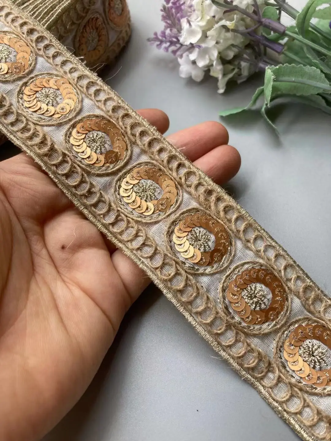 

2 Yards Ethnic 43mm Gold Thread Sequins African Lace Trims Geometric Lace Ribbon DIY Sewing Dress Decoration Bridal Lace New Hot