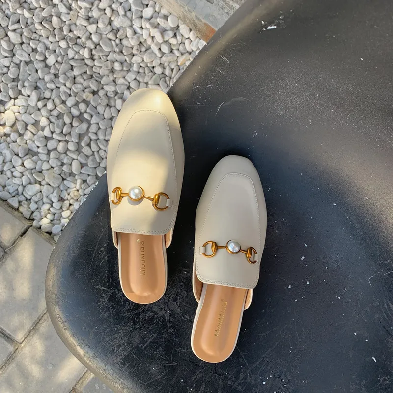 Бренд molan Designers; Новинка года; роскошные женские кожаные шлепанцы без задника, украшенные жемчугом и металлической цепочкой, с вышивкой в виде красного сердца; Лоферы без задника; вьетнамки - Цвет: apricot pearl