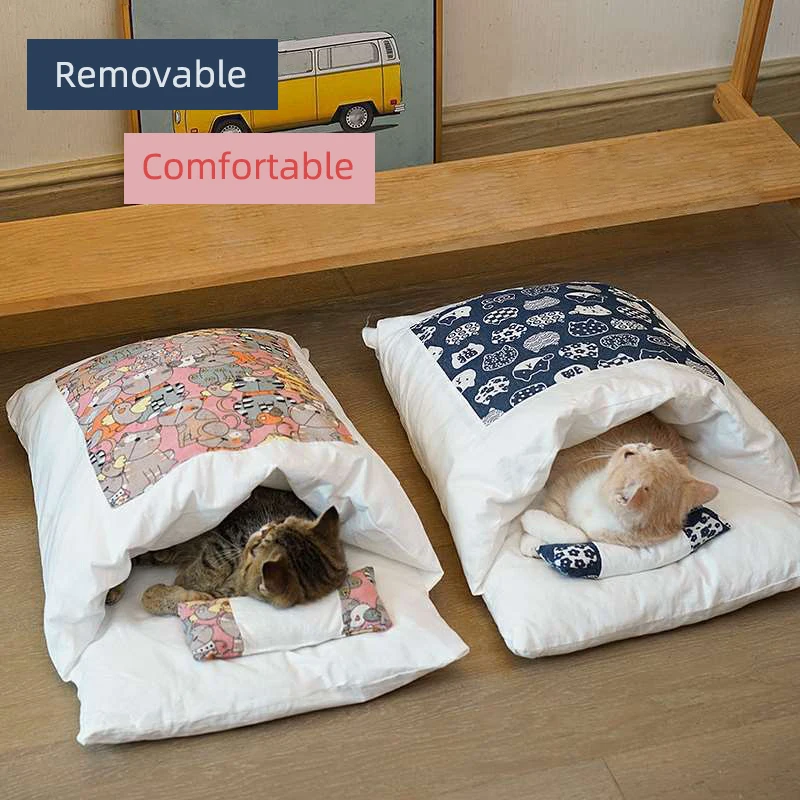 

Cat Bed Warm Sleeping Bag Winter Kawaii Removable Pet Cave House Supplies Cats Dogs Nest Cushion With Pillow Comfortable Cute